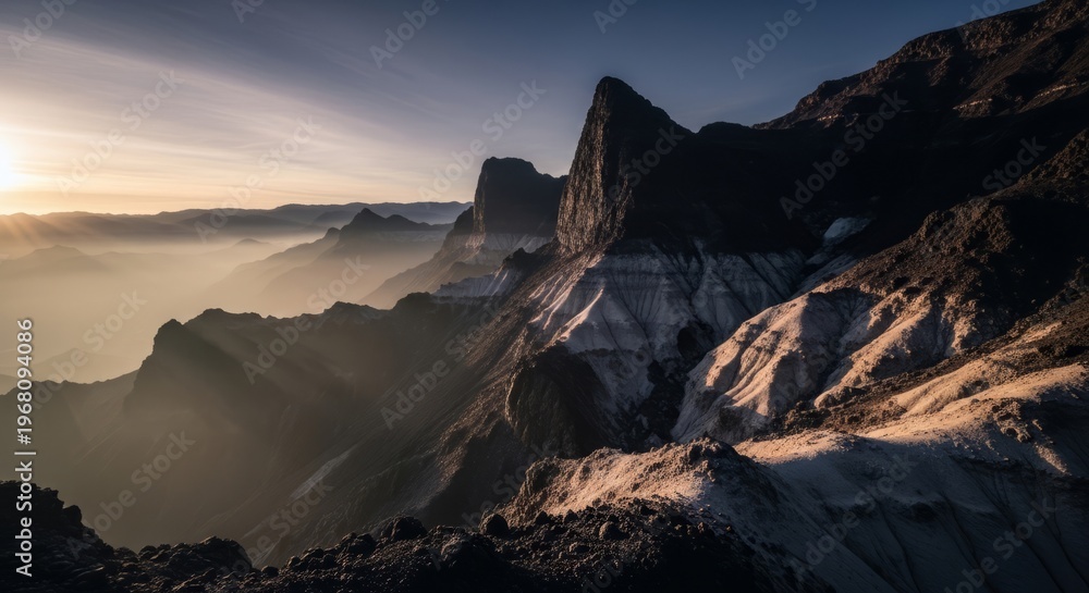 Fototapeta premium Majestic mountain range bathed in golden sunrise light, with misty valleys below.