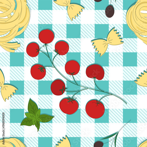 Seamless pattern with Italian food: pasta, tomatoes, olives and basil
