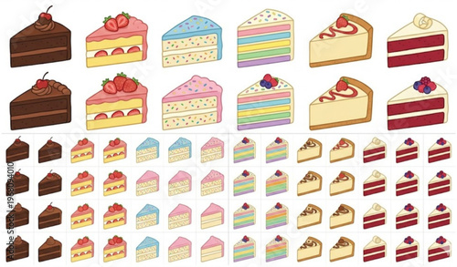 Colorful cake slice vector set with sweet dessert pieces in flat cartoon style isolated on white