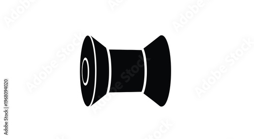 A simple black silhouette of a vintage film camera lens isolated on a white background