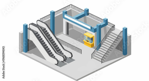 Isometric Subway Station Entrance with Escalators and Stairs.