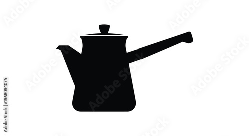 A stark black silhouette depicts a traditional cezve or turkish coffee pot with a long handle