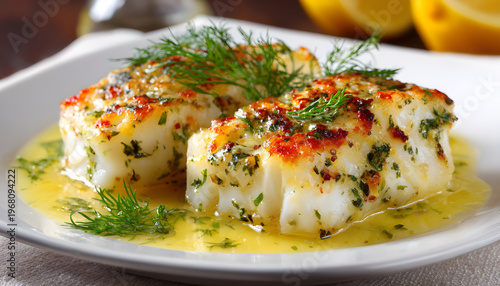 Delicious baked haddock fillets with a vibrant lemon dill sauce on a white plate. Gourmet meal presented for culinary delight in a restaurant or at home setting.