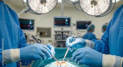 Surgical team performing a precise operation in a sterile hospital operating room environment with focus on patient care and safety