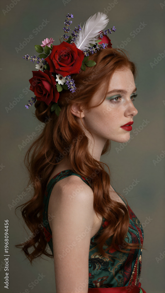 Fototapeta premium Woman with Floral Hairstyle Portrait