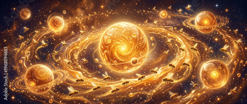 The surreal visual of bees floating in a galaxy of golden honey creates a unique and artistic atmosphere.