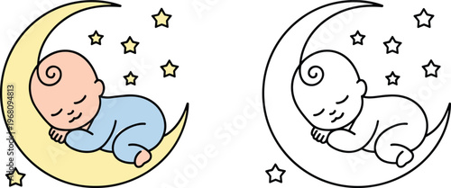 Baby Sleeping on Moon with Stars Color and Outline Illustrations crescent