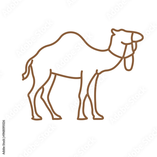 A brown line art icon of a camel. It represents desert travel and resilience, making it ideal for concepts involving Middle Eastern culture, Hajj pilgrimages, or wildlife conservation themes.