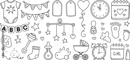 Baby Shower Doodle Elements Collection With Clothing Toys And Accessories vector illustration