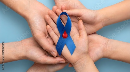 People holding a blue ribbon with a red blood drop symbol, representing diabetes awareness and medical health support on a plain blue background surface
