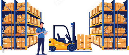 Forklift and worker in a warehouse managing inventory and shipments, logistics and distribution