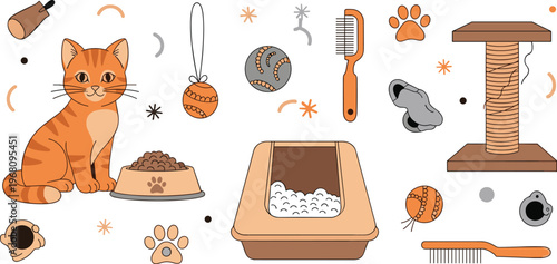 Cat care accessories icons set with litter box food bowl toys scratching post grooming tools and pet supplies illustration