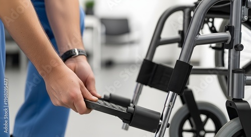 Healthcare worker adjusting a wheelchair for patient mobility and accessibility needs