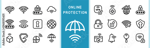 Vector line icons for VPN connection and online network security