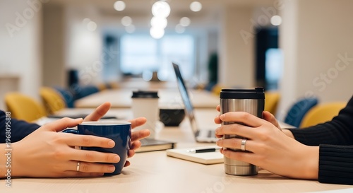 Two people sitting at a table with coffee cups in a modern office setting with blurred background