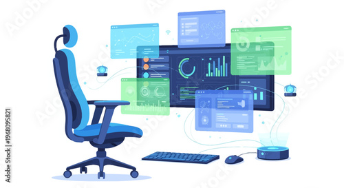 Blue office chair with headrest.