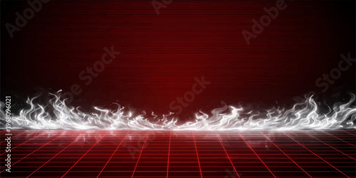 An abstract red background features a fractal grid of light waves and motion lines creating a virtual reality cyberspace concept for modern technology design
