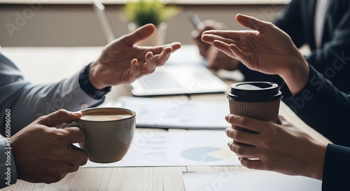 Two people engaged in a discussion over coffee in a meeting setting
