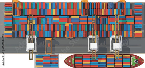 Aerial view of a busy shipping port with cranes loading and unloading cargo containers onto a large container ship