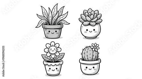 A set of cute cartoon potted plants with smiling faces on a white background