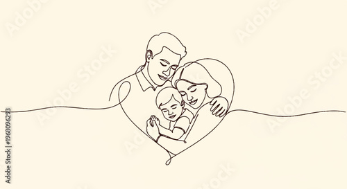 Heartwarming family embrace line art illustration for love and togetherness concepts