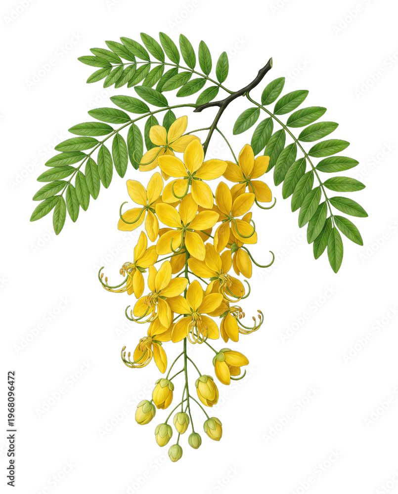 Obraz premium Kanikonna or Golden Shower Tree Branch with Yellow Flowers and Green Leaves, Cassia Fistula Illustration for Kerala Vishu Festival Isolated on Transparent Background