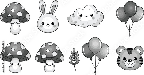 Cute cartoon doodle icons set including bunny cloud mushroom balloons tiger, hand drawn kawaii illustration, playful nursery design elements collection