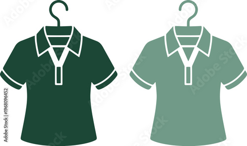 Polo shirt vector icon set, two classic short-sleeved collared shirts on hangers, stylish apparel graphic for fashion and retail designs, dark green and light green polo shirt illustrations