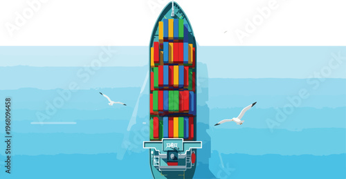 Shipping container vessel navigating the vast blue ocean with seagulls flying overhead