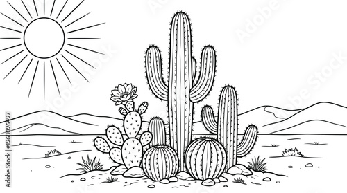 A black and white vector illustration of various potted cacti and succulents in decorative pots