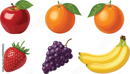 Fresh fruit vector set including apple orange strawberry grapes banana, colorful healthy food illustration, natural organic fruits collection isolated design