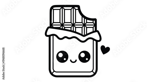 A cute cartoon illustration of a smiling chocolate bar with a heart