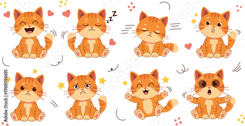 Cute cat emotions icons set with happy sad angry sleepy playful expressions cartoon kitten and pet illustration collection