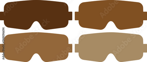 Gafas de seguridad industriales en tonos marrones, conjunto de 4 iconos de protección ocular, siluetas de lentes de trabajo en formato EPS