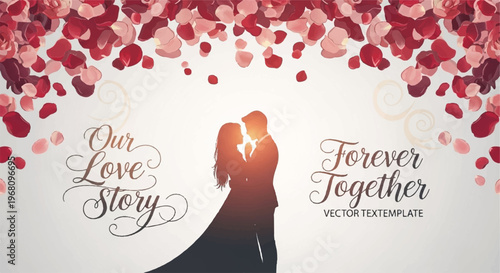 Romantic couple silhouette with heart shaped light surrounded by red and pink rose petals love story template