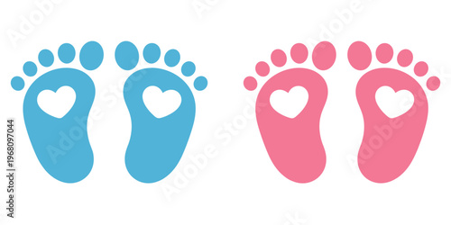 Blue And Pink Baby Footprints With Hearts For Gender Reveal Or Baby Announcement vector illustration
