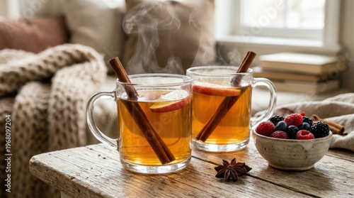 Two clear glass mugs filled with steaming spiced apple cider with cinnamon sticks and apple slices