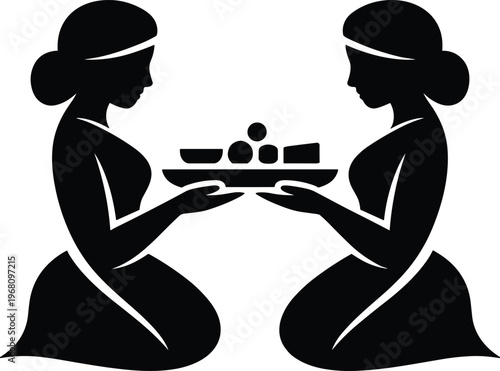 Women serving food silhouette, hospitality and catering concept, traditional service illustration, human interaction, black vector isolated, cultural dining presentation design