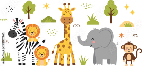 Canvas Print Cute safari animals collection with zebra lion giraffe elephant monkey cartoon w