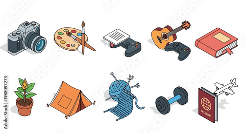 Collection of Isometric Icons Depicting Leisure Activities and Hobbies on a White Backdrop