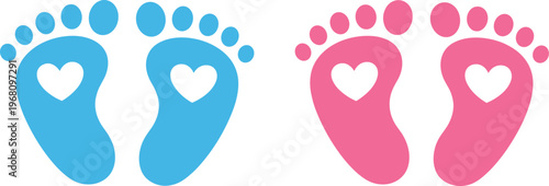 Blue And Pink Baby Footprints With Hearts For Gender Reveal Or Baby Announcement vector illustration