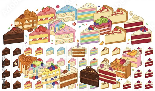 Cartoon cake slice sticker collection with colorful sweet desserts in circular layout vector set
