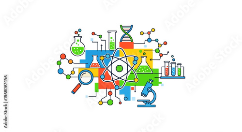 Colorful illustration of scientific concepts, laboratory equipment, and research elements