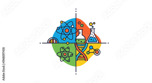 Colorful illustration of scientific concepts, representing atoms, molecules, and chemistry studies