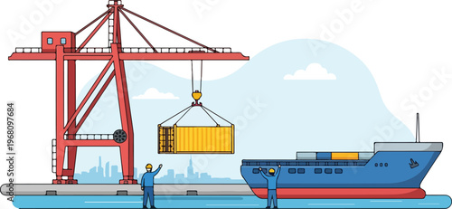 Container ship loading operation at port with crane lifting cargo container and dockworkers supervising