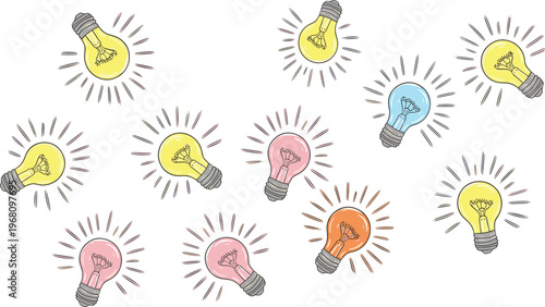 Colorful light bulb pattern seamless background, creative idea concept illustration, hand drawn doodle style, innovation inspiration design for decoration