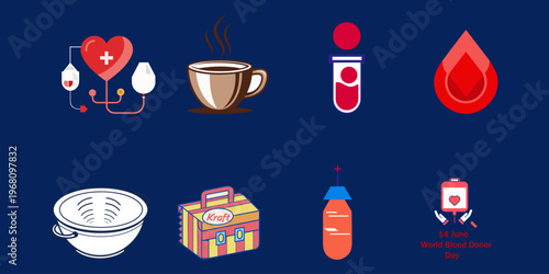 World Blood Donor Day Healthcare And Donation Icons Set Medical Transfusion Heart Bag Awareness Flat Vector Collection