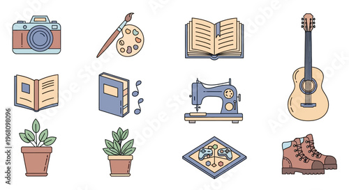 Illustration of hobbies, books, camera, guitar, gaming console, and more in a flat design style