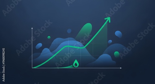 A futuristic green line graph trending upwards on a dark blue background with abstract shapes