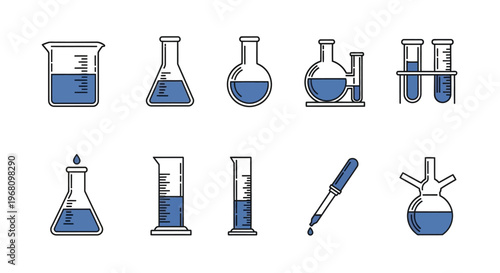 Illustration of various laboratory glassware and equipment with blue liquid inside of each item
